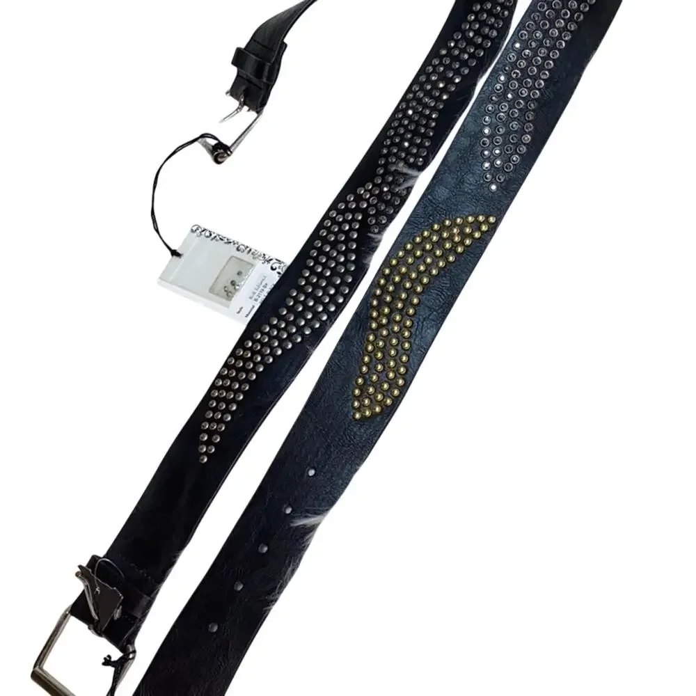 Blue Elegance Black Leather Studded Stone Belt NEW